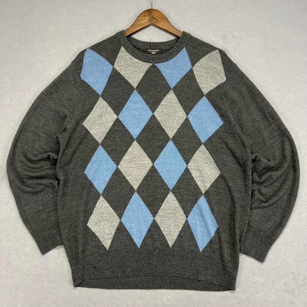 Vintage Dockers Pullover Argyle Pattern‎ Knit Sweater Mens Large Gray Academia